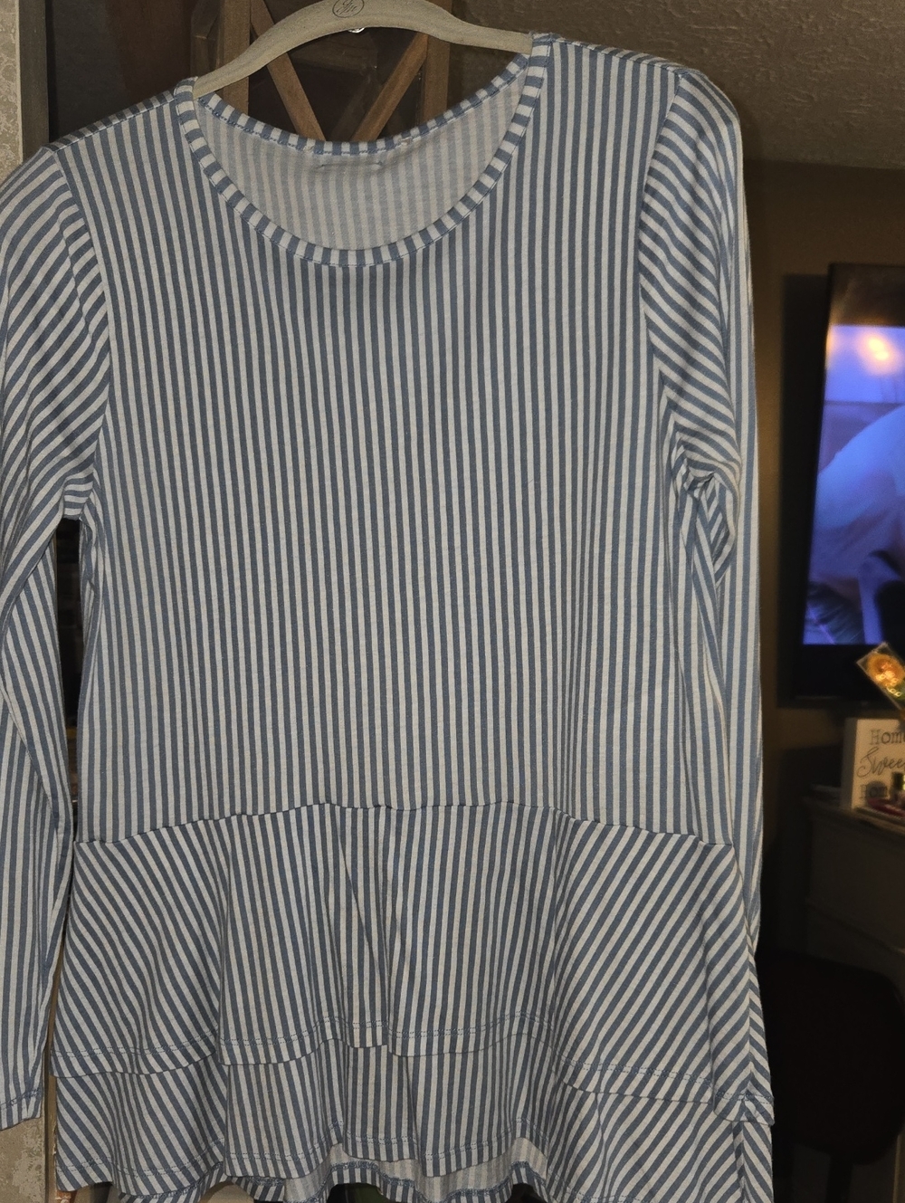 Michael Kors Light Blue and White Striped Peplum Long Sleeve Top